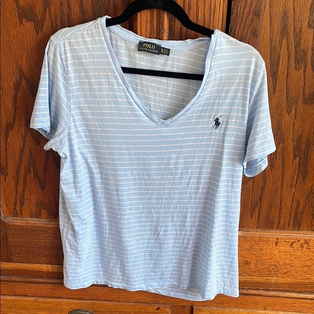 Polo by Ralph Lauren Women's Light Blue Striped V-Neck Top